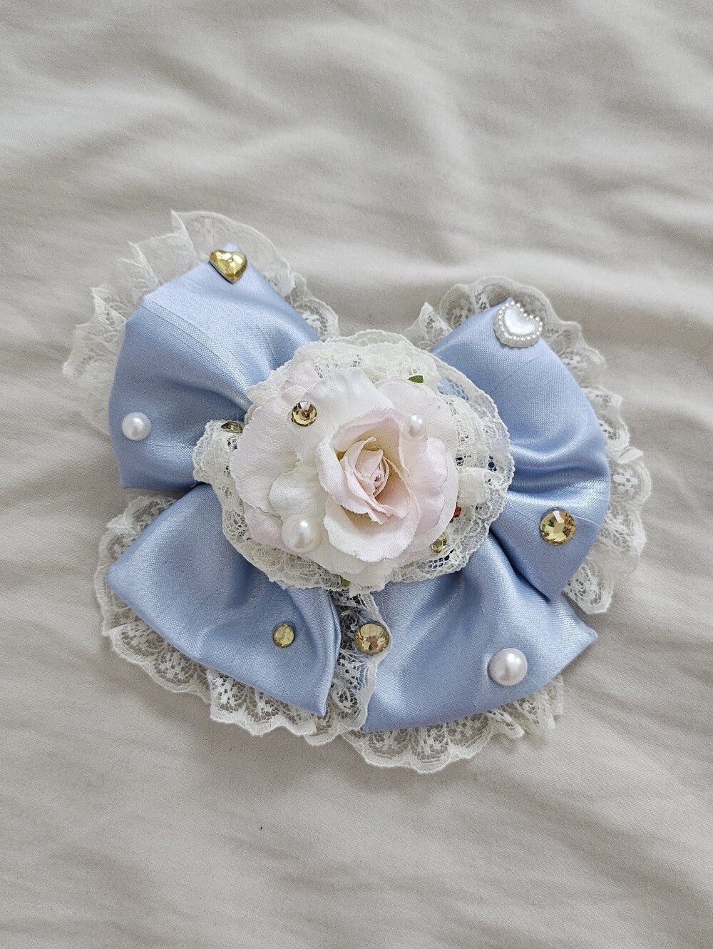 La Pafait Gyaru Lolita Sax Blue And White Rhinestone Bow With Lace Trim